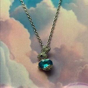 Silver and Blue Crystal Bunny Charm Necklace